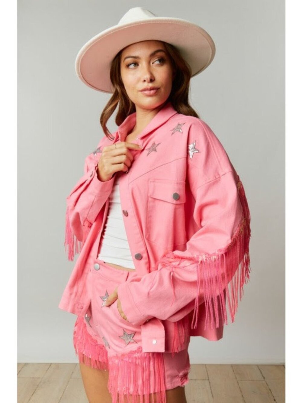 Western Diva Star Sequin Patch Fringe Jacket in Pink - Picture 7 of 9